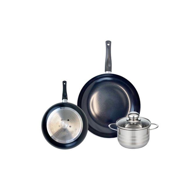 Batterie 2 poêles 20/28cm + 1 faitout 14cm PRIMA BRILLANT noir <span itemprop=