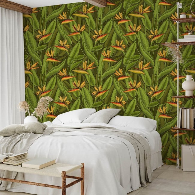 Papier peint Strelitzia vert Couleur intissé <span itemprop=
