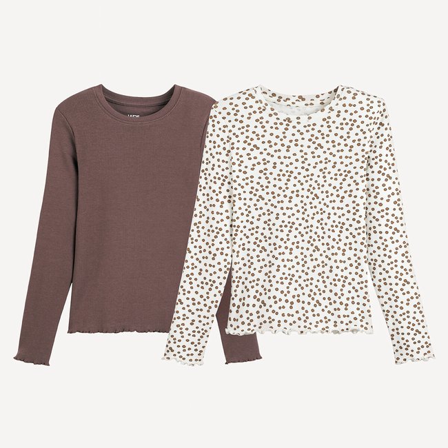Lot de 2 T-shirts manches longues en côtes marron + imprimé écru <span itemprop=