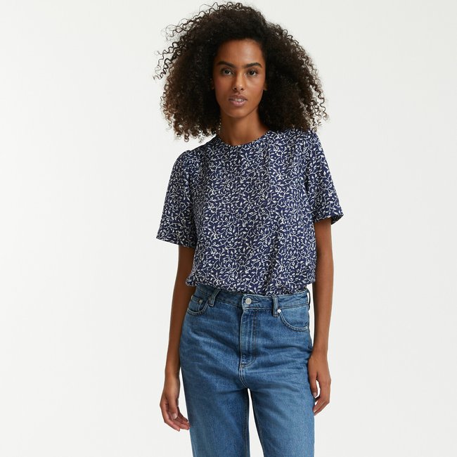 Floral Crew Neck Blouse with 3/4 Length Sleeves, print/navy background, LA REDOUTE COLLECTIONS