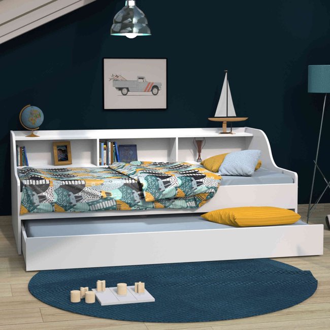 Lit gigogne avec étagère Couleur blanc <span itemprop=