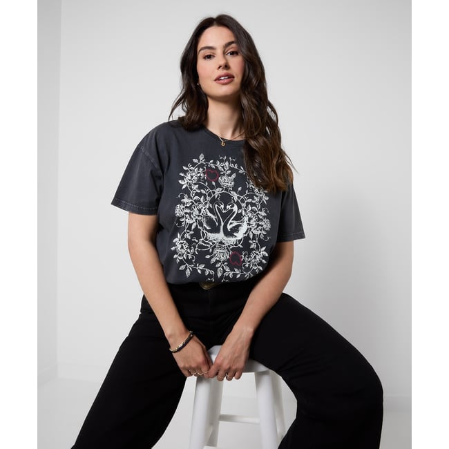 T-Shirt à Manches Courtes Délavé Imprimé Cygne gris <span itemprop=