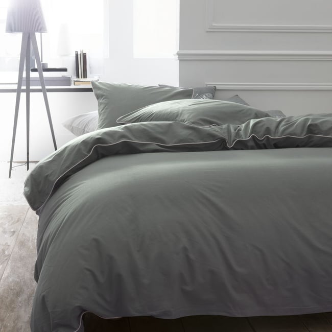 Parure de lit 2 personnes uni coton avec piping PRESTIGE vert <span itemprop=