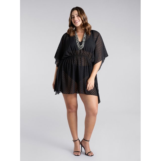 Caftan en tissu travaillé, avec col V et taille élastiquée - FIORELLA RUBINO