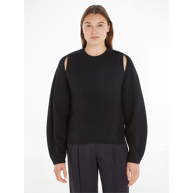 Wollen trui met ronde hals in tricot <span itemprop=