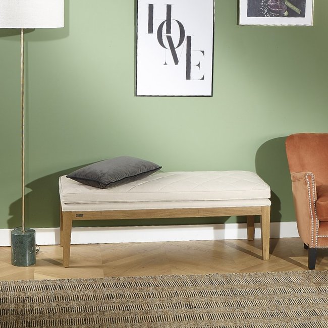Bout de lit en acacia massif et lin IRVINE Couleur beige <span itemprop=
