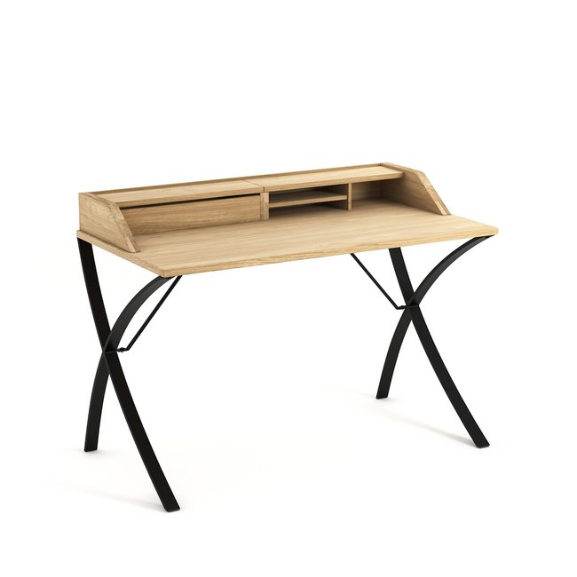 Bureau secrétaire chêne et placage chêne, Epitre Couleur bois chêne clair pieds noirs <span itemprop=