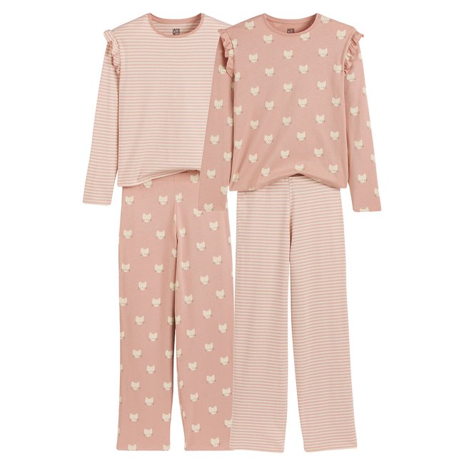 2er-Pack Baumwoll-Pyjamas, Katzen und Streifen ecru + rosa <span itemprop=