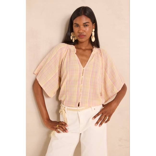 Blouse manches courtes à carreaux en coton MADDY paille <span itemprop=