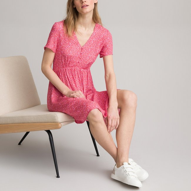 Robe patineuse longueur genou La Redoute Collections imprime fleurs fond rouge La Redoute