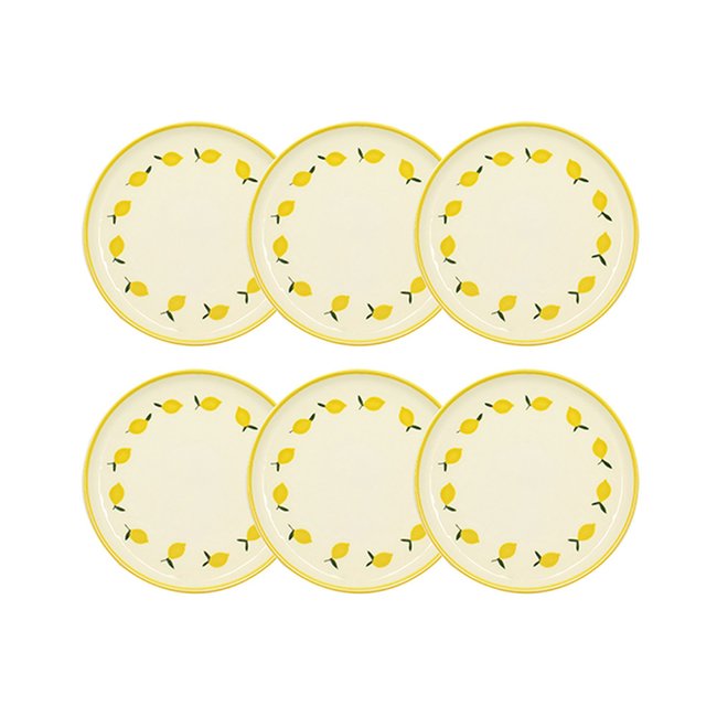 Lot de 6 assiettes à dessert 20cm en grès, CITRON Couleur beige et jaune <span itemprop=