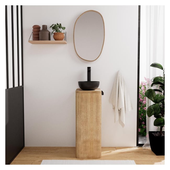 Ensemble meuble lave mains + vasque + miroir TOM Couleur chêne <span itemprop=