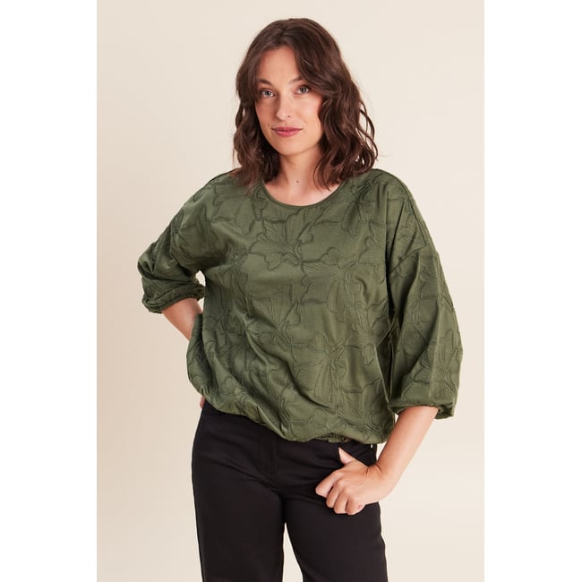 Blouse col v manches 3/4 bas resserré vert kaki <span itemprop=