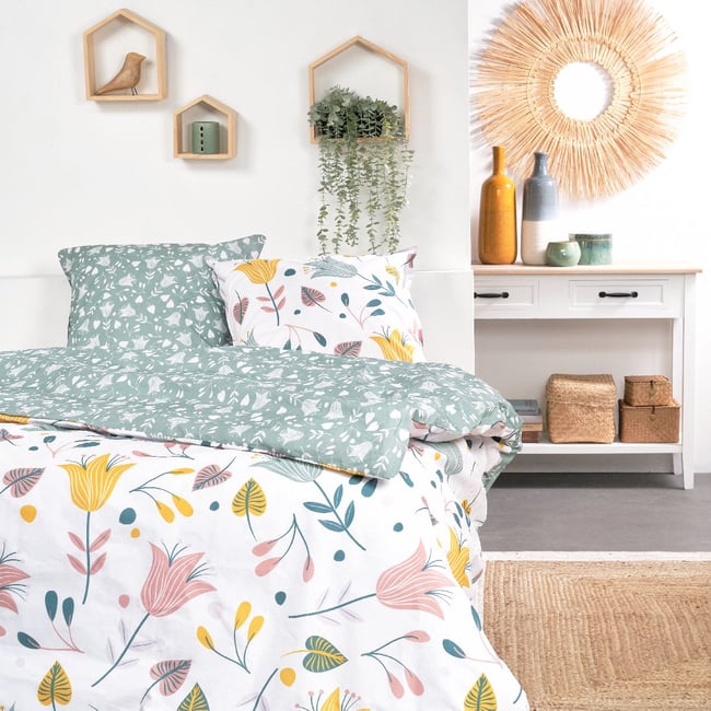 Parure de lit imprimé Floral coton SUNSHINE POLLIN blanc <span itemprop=