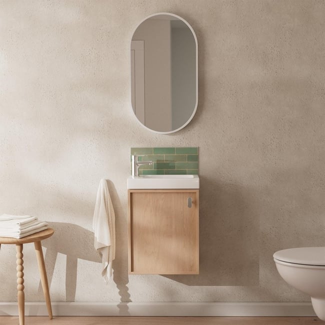 Ensemble meuble lave-mains en chêne + robinet + miroir FRAME Couleur décor chêne <span itemprop=