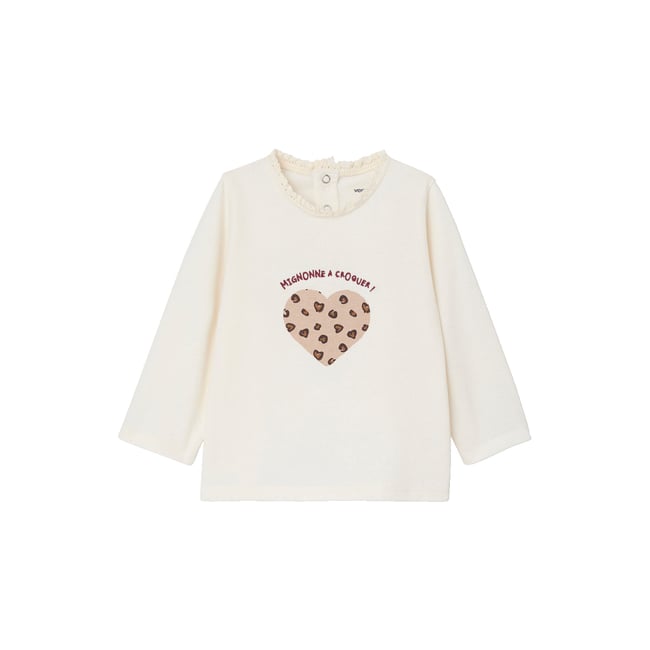 T-shirt bébé manches longues avec motif coeur léopard écru <span itemprop=