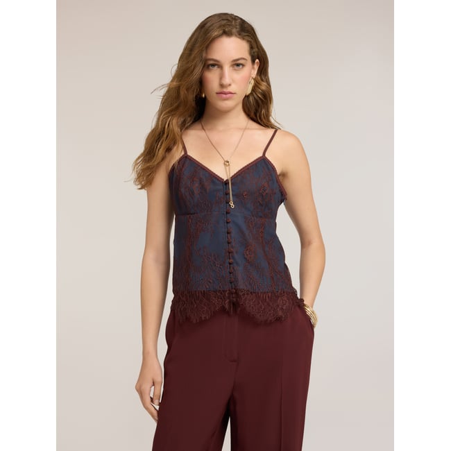 Top avec caraco et ourlet festonné bleu <span itemprop=