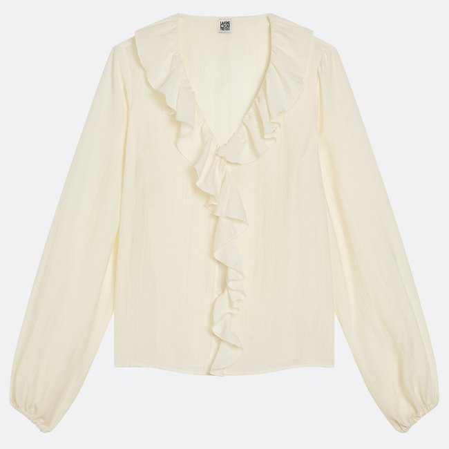 Blouse à volants col V manches longues ecru <span itemprop=