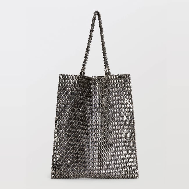 Cabas en perles argentées gun metal <span itemprop=
