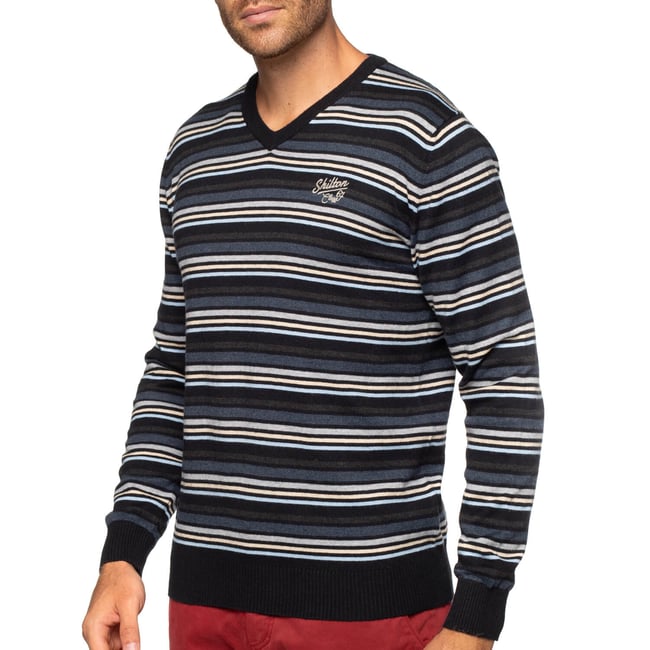 Pull col v à rayures noir <span itemprop=