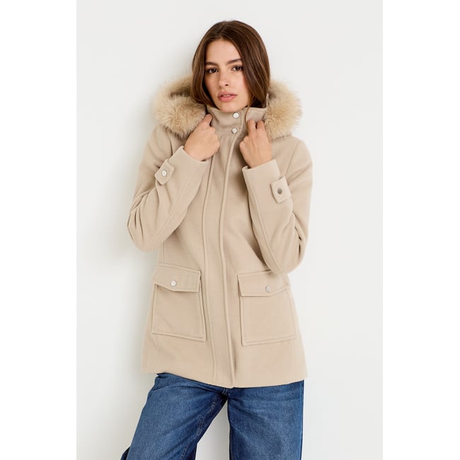 Manteau mi-long à capuche beige <span itemprop=