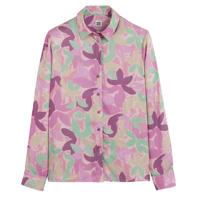 Camisa estampada às flores, em cetim estampado floral rosa <span itemprop=