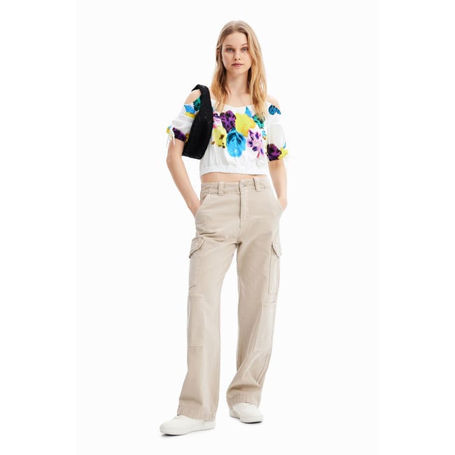 Blouse courte froncée fleurs M.Christian Lacroix blanc <span itemprop=
