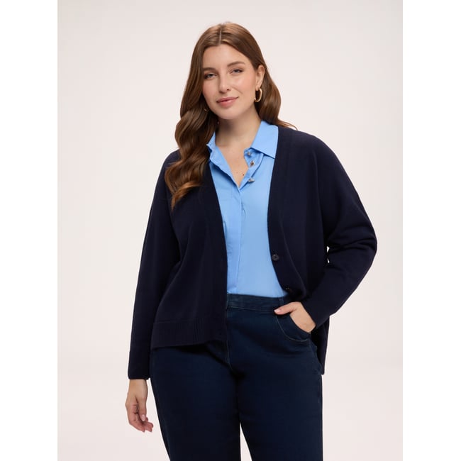 Cardigan col en V bleu <span itemprop=