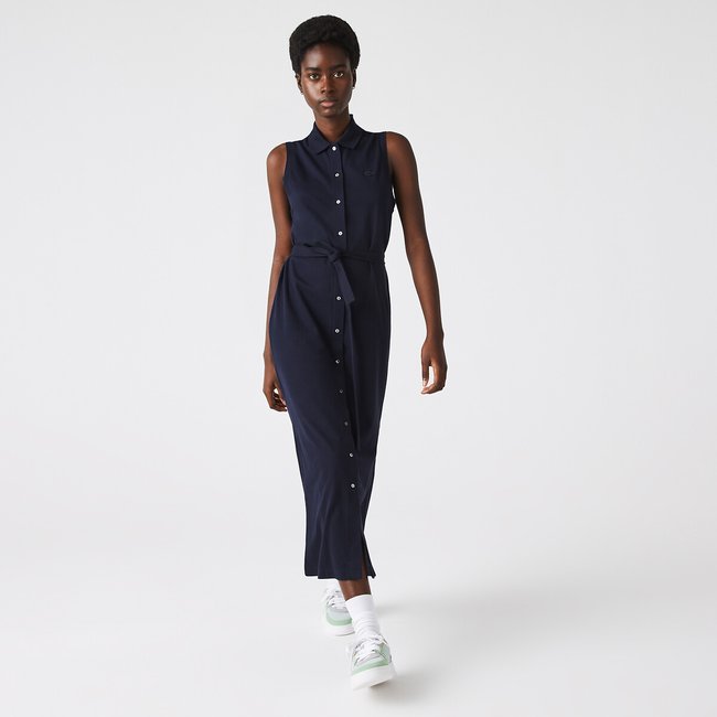Abito polo smanicato in cotone piquet blu marino LACOSTE