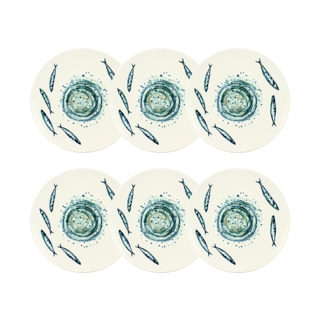 Lot de 6 assiettes plates en faïence 27cm, SARDINE Couleur blanc-bleu <span itemprop=