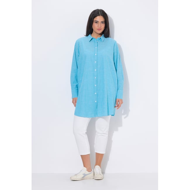 Chemisier long à rayures. Col classique aqua foncé <span itemprop=
