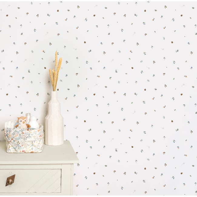 Papier peint pour enfant Petits champignons Couleur blanc, bleu, marron <span itemprop=
