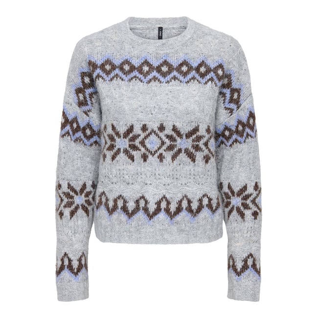 Pull manches longues imprimé jacquard imprimé gris <span itemprop=