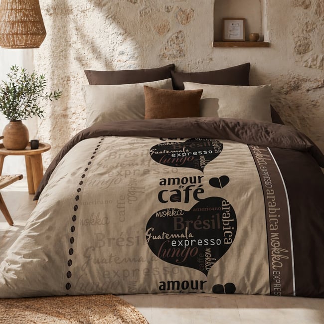 couette imprimée enfant polyester, Amour de café taupe <span itemprop=