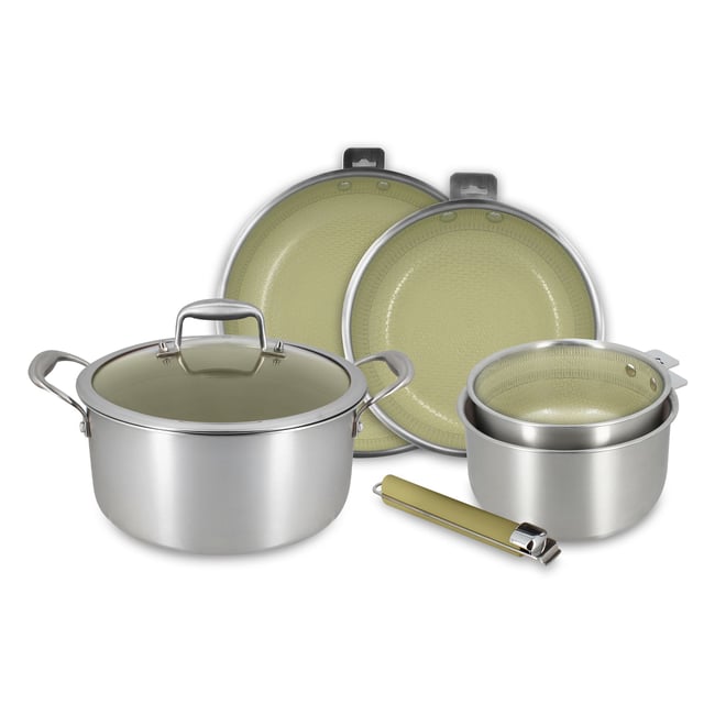 Batterie de cuisine 5 pièces en acier inoxydable avec 1 poignée, AGLAE inox-vert <span itemprop=