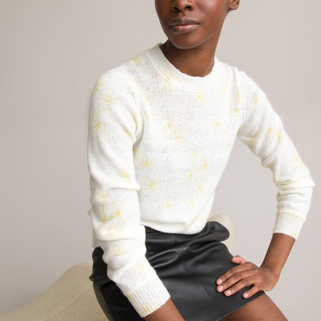 Pull col rond manches longues, imprimé fleur imprimé <span itemprop=