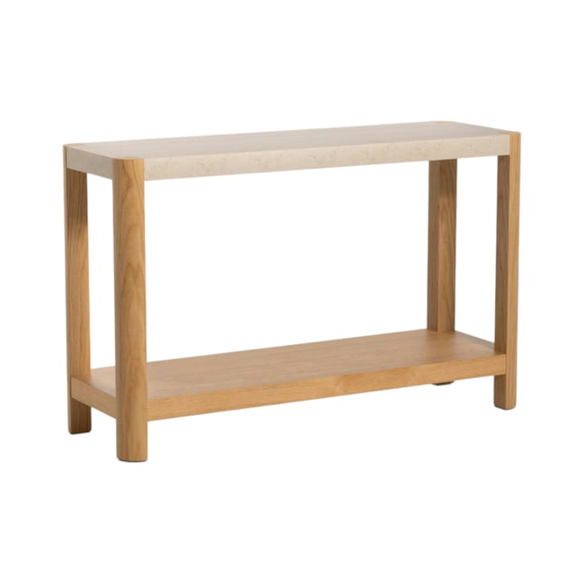 Console d'entrée en bois avec plateau effet travertin TREVI Couleur bois naturel <span itemprop=