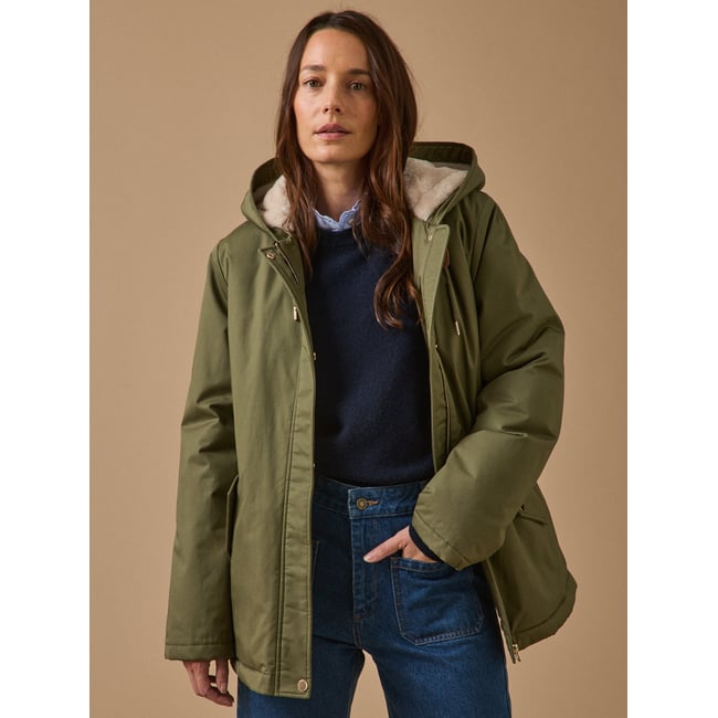 Parka courte  doublée imitation fourrure vert olive <span itemprop=