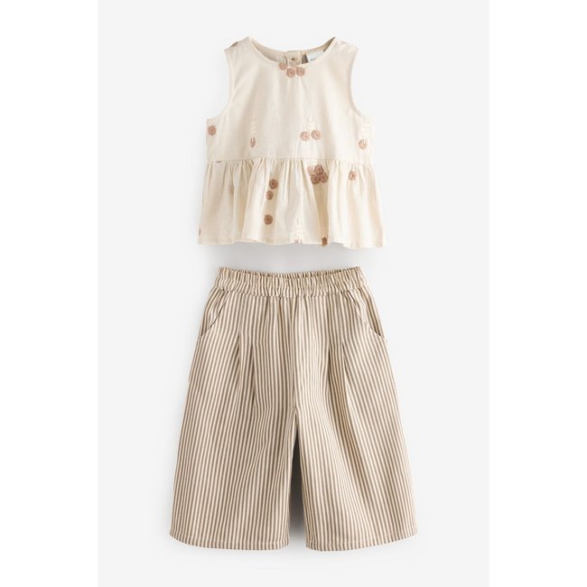 Pantalon et chemisier coordonné, ensemble ecru crème brodé <span itemprop=