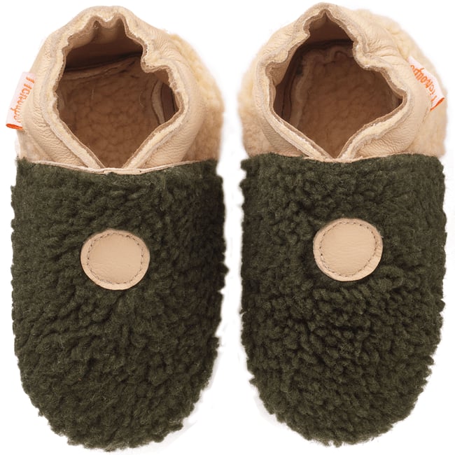 Chaussons bébé cuir souple Bouclettes kaki-beige vert <span itemprop=