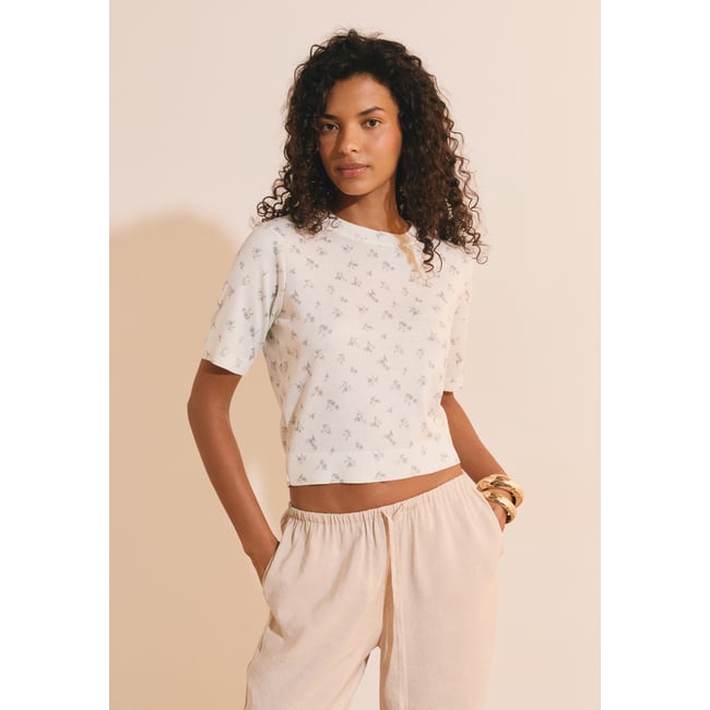 Pull manches courtes à motifs SAURIKA ecru <span itemprop=