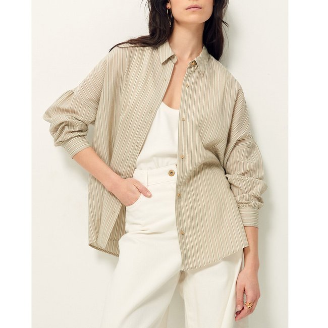 Gestreifte Hemdbluse BOTAN, lange Ärmel ecru gestreift <span itemprop=