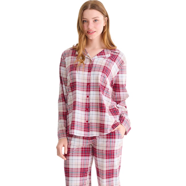 Haut pyjama chemise manches longues COSY NIGHTS rouge <span itemprop=