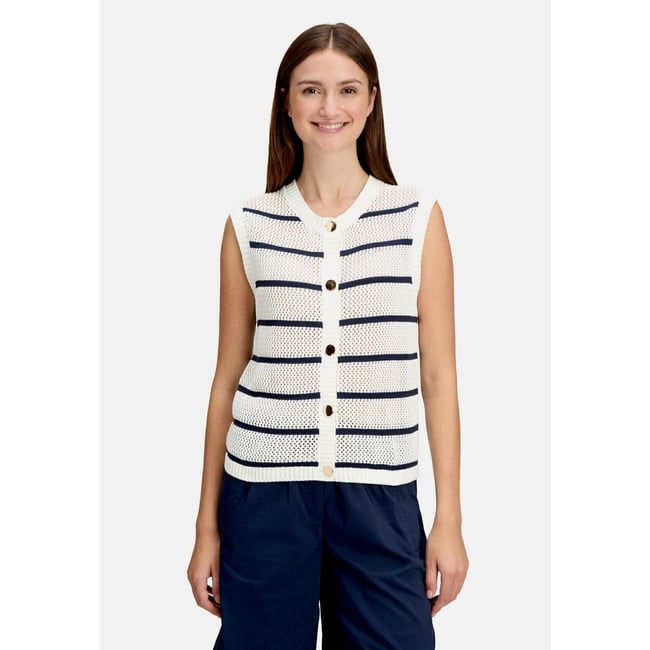 Veste sans manches en maille à motif ajouré blanc/bleu <span itemprop=