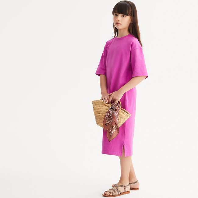 Vestido camisero recto de manga corta violeta <span itemprop=