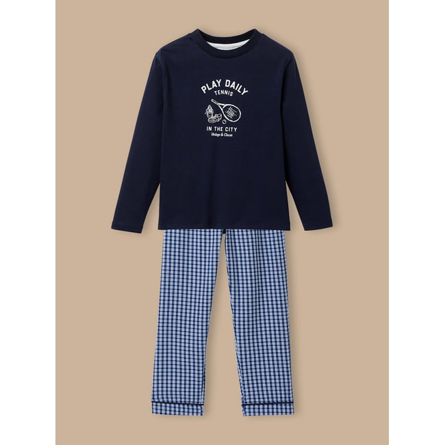 Pyjama imprimé  - coton biologique carreaux bleu <span itemprop=