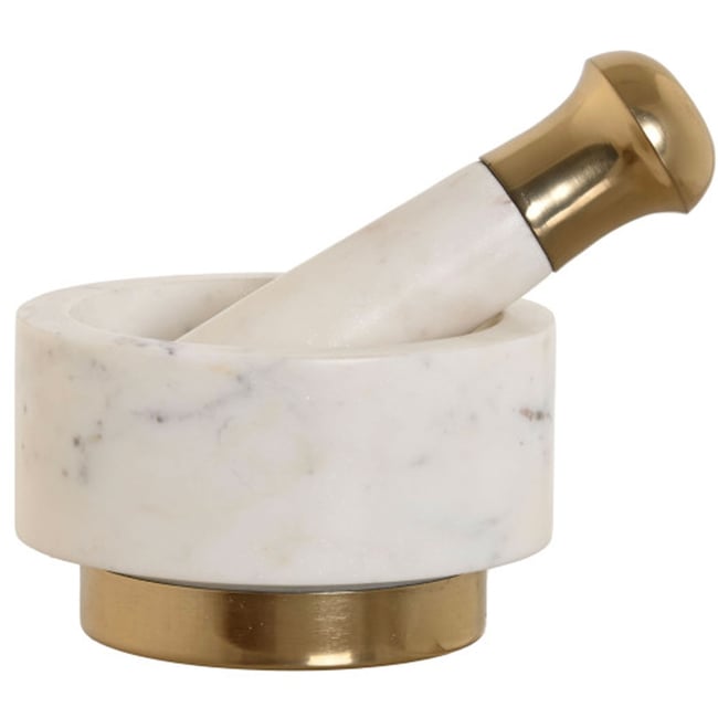 Mortier et pilon en marbre blanc et laiton doré 12.5x12.5x7.5cm blanc <span itemprop=