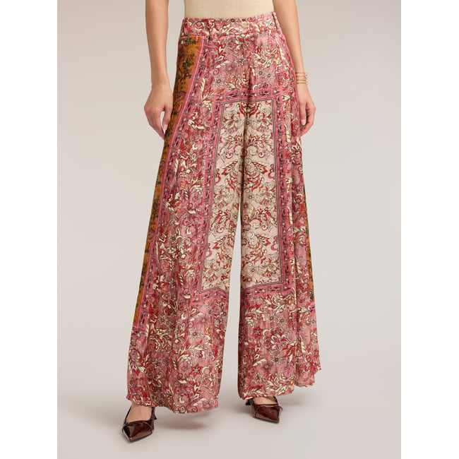 Pantalon palazzo imprimé rose <span itemprop=