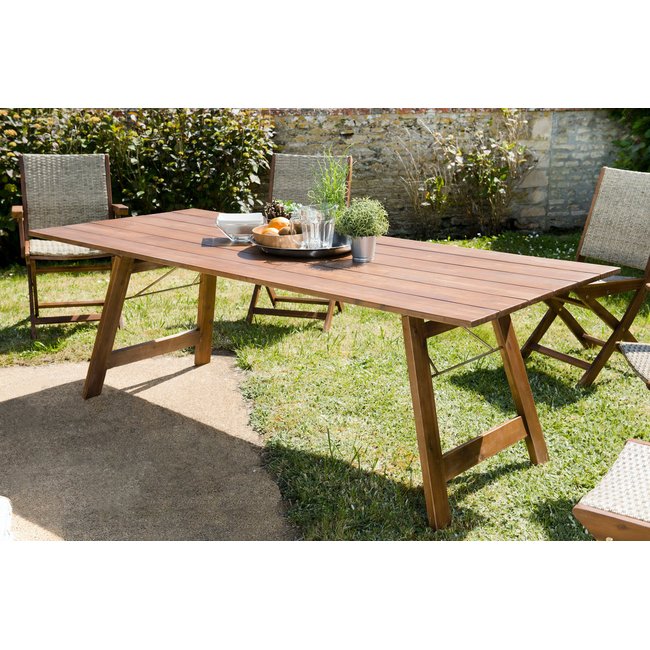 Table de jardin rectangulaire style contemporain en bois d'acacia 220x90cm SUMMER 10 personnes bois naturel <span itemprop=