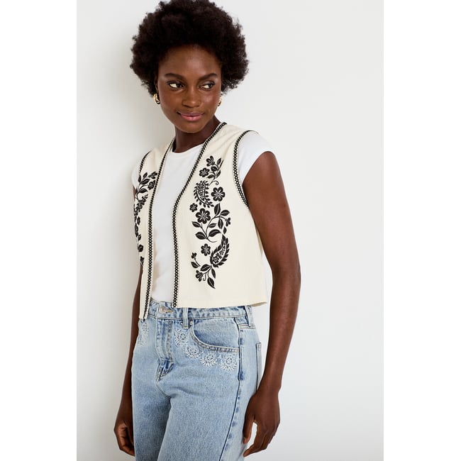 Gilet droit court sans manches ecru <span itemprop=